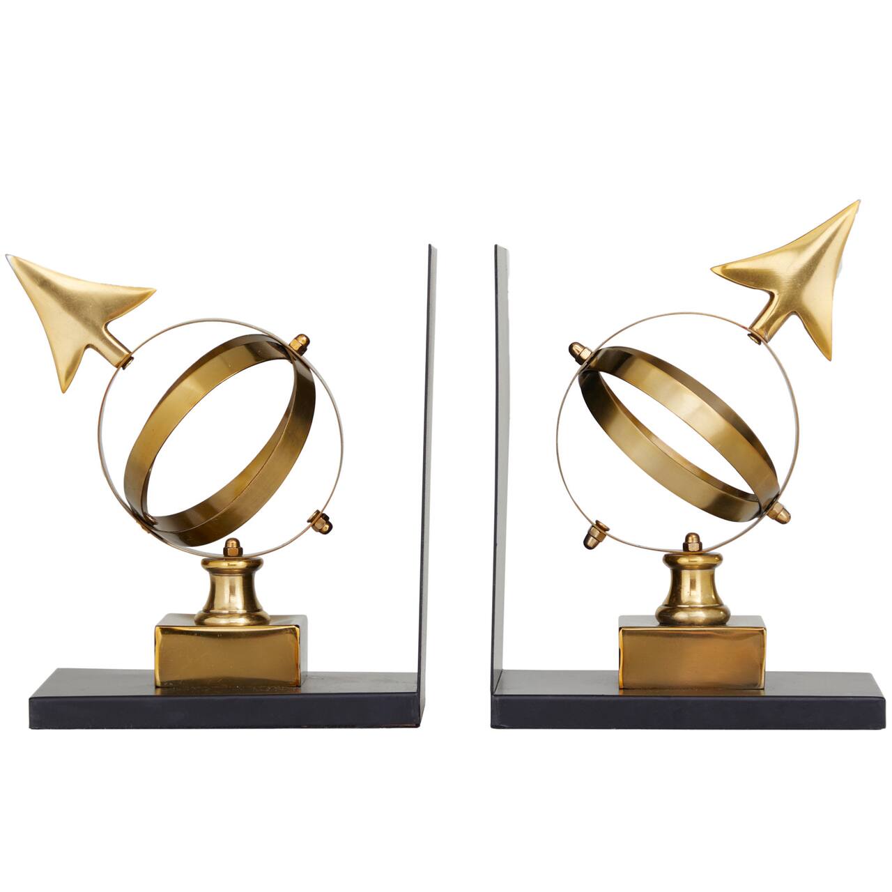 8" Gold Stainless Steel Armillary Bookends with Black Bases Set